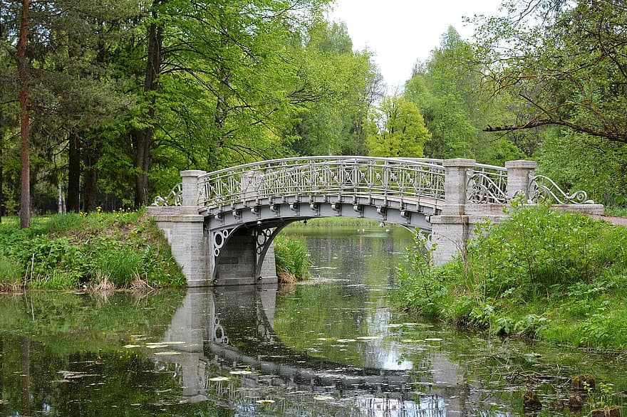most, řeka, park, stromy, rybník, jaro, pobřeží