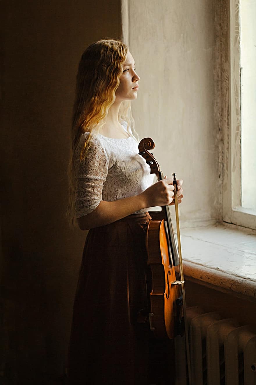 nainen, viulu, muotokuva, pikkutyttö