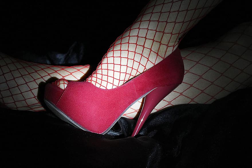 High Heels, High Heeled Shoes, Red, Fishnet Stocking
