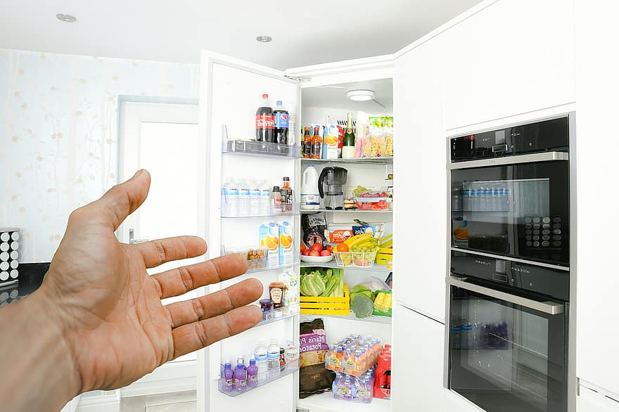 hospitalité, frigo, main, porte, réfrigérateur, invitation, montrer du doigt, du froid, ouvrir, stockage alimentaire, refroidissement