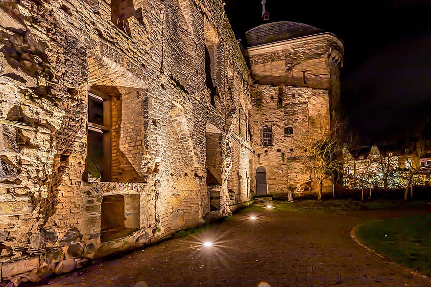 Andernach, oraș, Rhineland-Palatinate, ruinele castelului, Germania, noapte, istoric, arhitectură, clădire