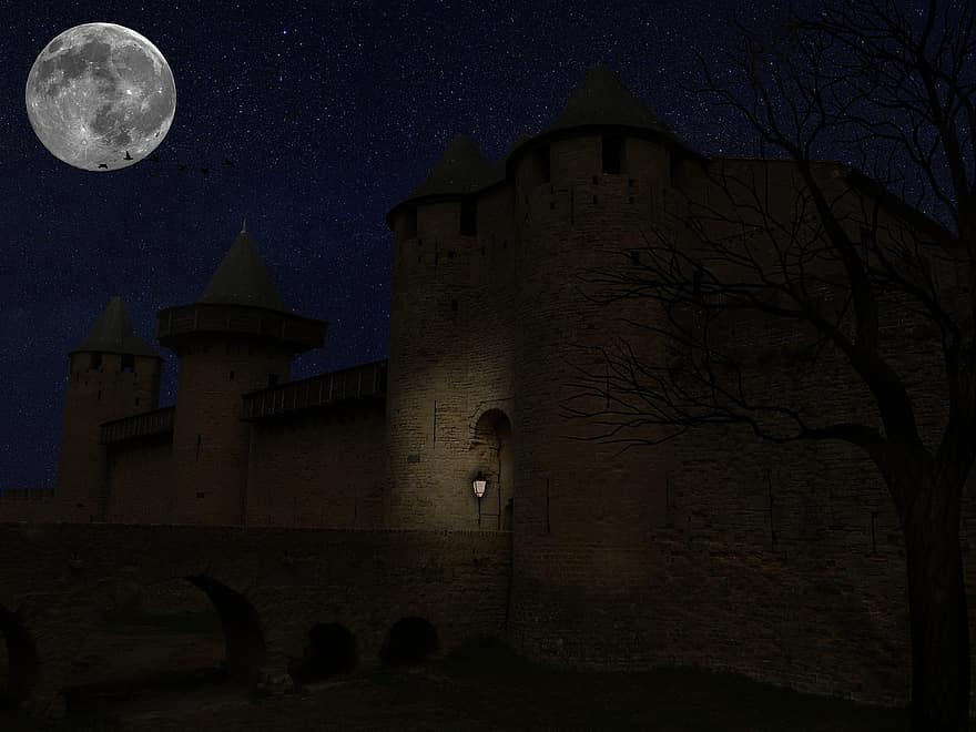Läskigt slott, kuslig, läskigt, slott, midnatt, mörk, natt, dimma, medeltiden, fästning, arkitektur
