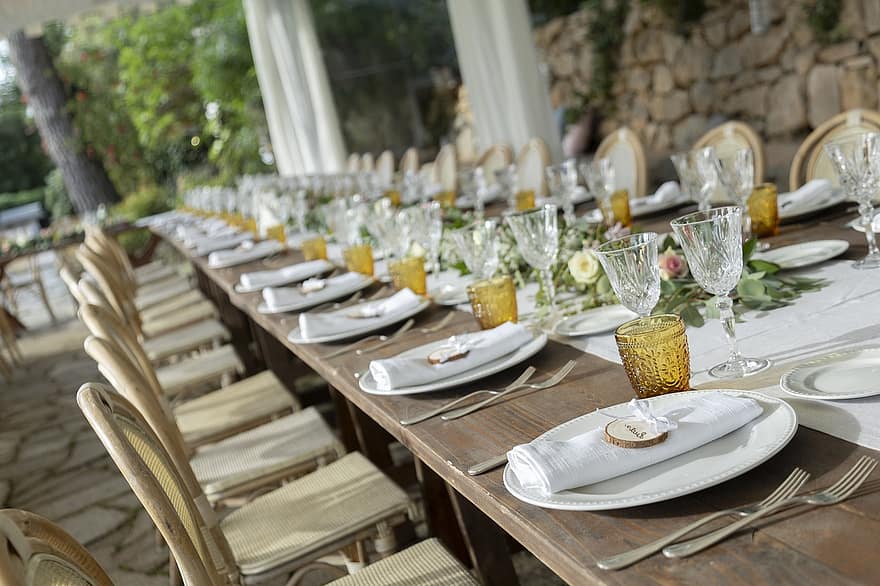 bord, bryllup, feiring, romantisk, middag, lanseringen, ekteskap, servise, luksus, land, chic
