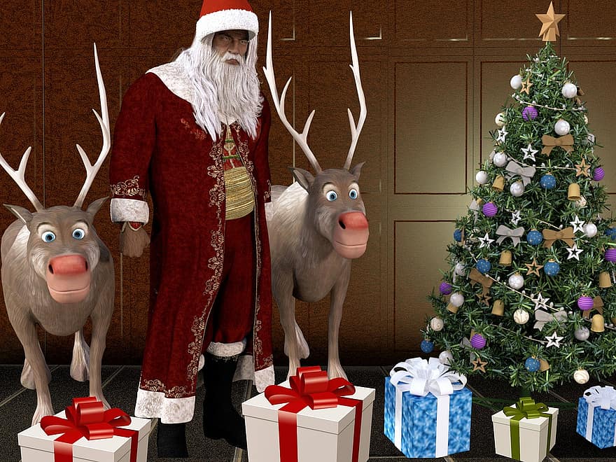 ซานตาคลอส, งานเทศกาล, ต้นสน, ของขวัญ, กวางขนาดใหญ่, คริสต์มาส