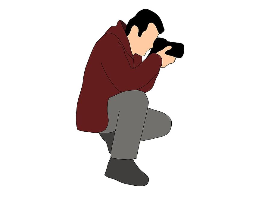 Photography, Man, Cartoon, Camera, Taking Pictures, Focus, 2d, Character, Person, men, illustration