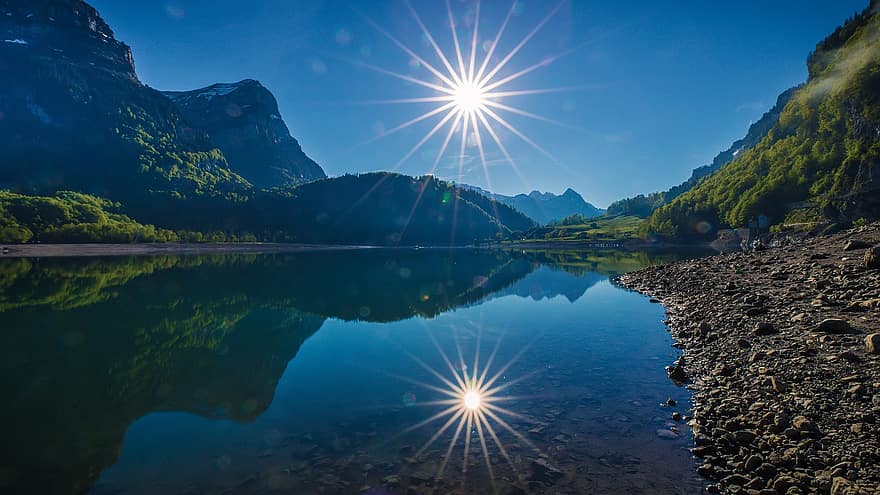 bergsee, hory, jezero, švýcarsko, Příroda, krajina, vysokohorský, voda, les, scénický, odraz