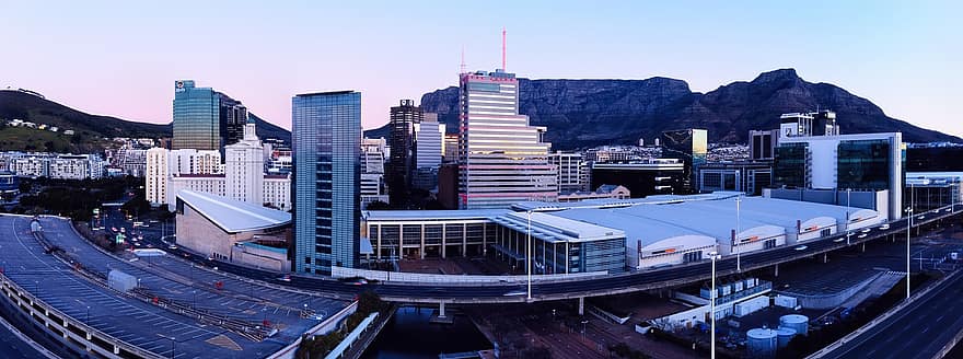 antenne, architectuur, blauw, gebouw, Kaapstad, stad, stadsgezicht, dageraad, downtown, drone uitzicht, avond