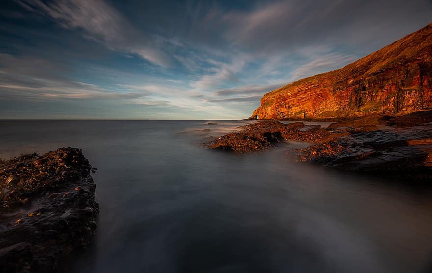 acantilados, mar, puesta de sol, Escocia, auchmithie, rocas, arco, agua, naturaleza, costa, horizonte