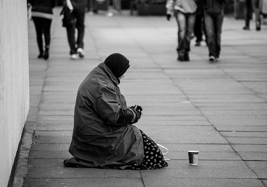 노숙자, 나이든 여자, 거리, 사나운, 가난, 구걸, 런던, 검정색과 흰색, 남자, 여자들, 도시의 삶