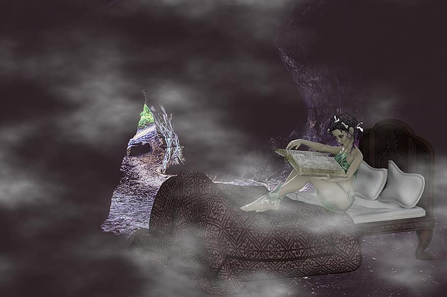 Cave, Light, Fog, Forest, Nature, Background, Read, Woman, Female, men, illustration