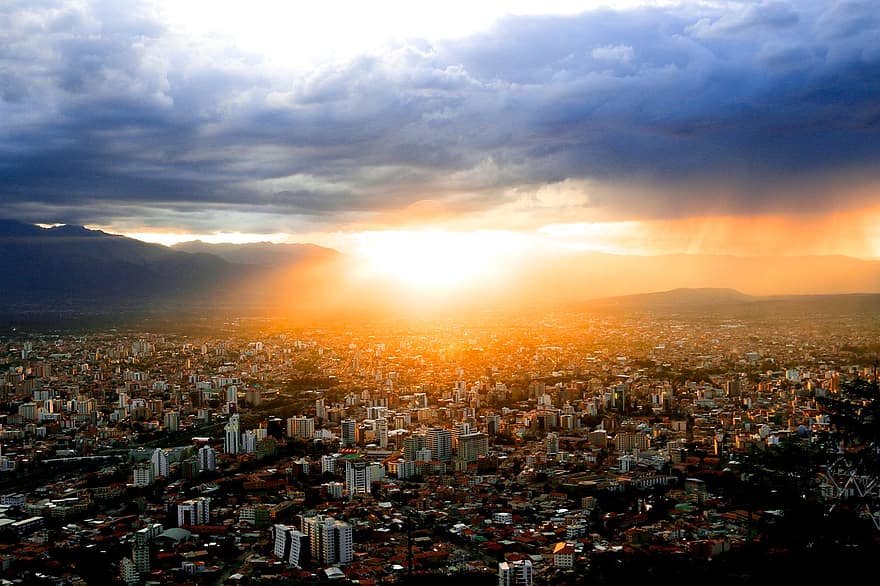 stadsgezicht, zonsondergang, stad, gebouwen, wolkenkrabbers, metropolis, stedelijk, zon, zonlicht, cochabamba