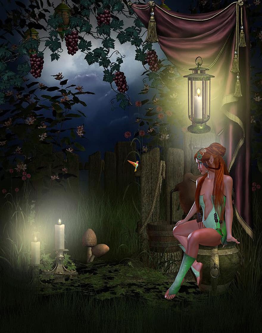 sfondo, mistico, boschi, candele, elfo, fantasia, femmina, personaggio, arte digitale