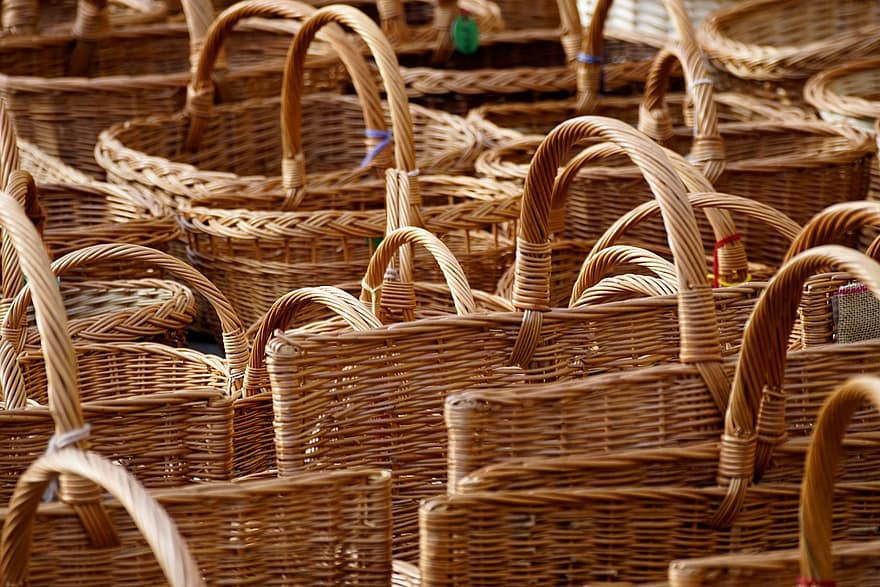 Baskets, Wicker, Market, Handicraft, Handles, Brown, Woven Baskets, Containers
