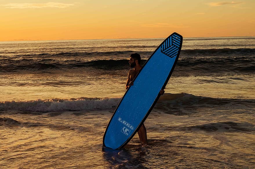 सूर्य का अस्त होना, बीच, सर्फर, सर्फिंग बोर्ड, लहर की, समुद्र, पानी, खेल, पानी का खेल