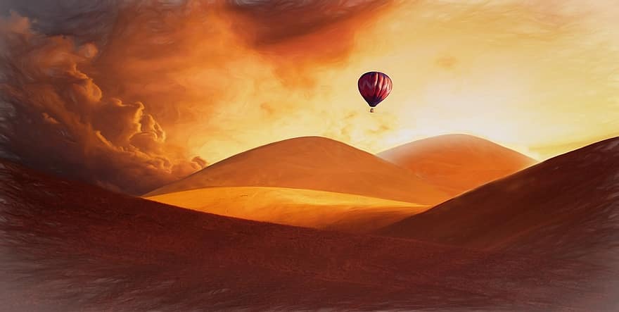 malování, poušť, kopec, slunečního světla, počasí náladu, horkovzdušný balón, malovat, kreslit