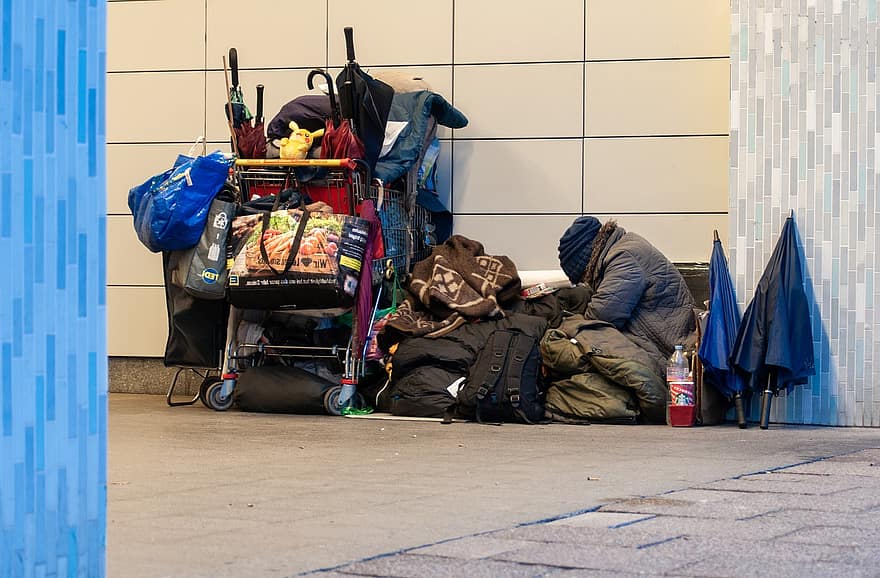 obdachlos, Armut, Obdachloser, Straße, Stadt, Möchten, Rucksack, Männer, Tasche, Gepäck, Kleidung