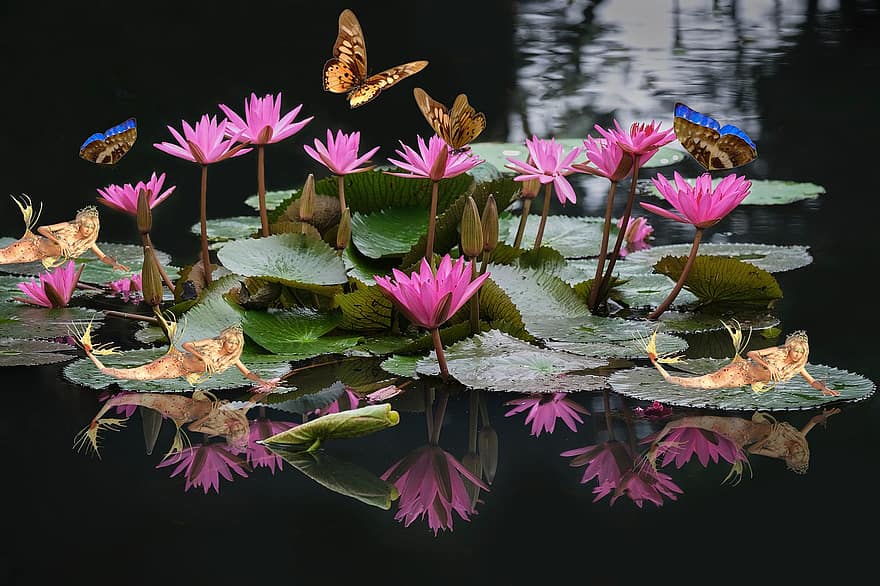 Mermaid, Water Lily, Fantasy, Water, Flower, Butterflies, Pond, Reflection, leaf, plant, summer