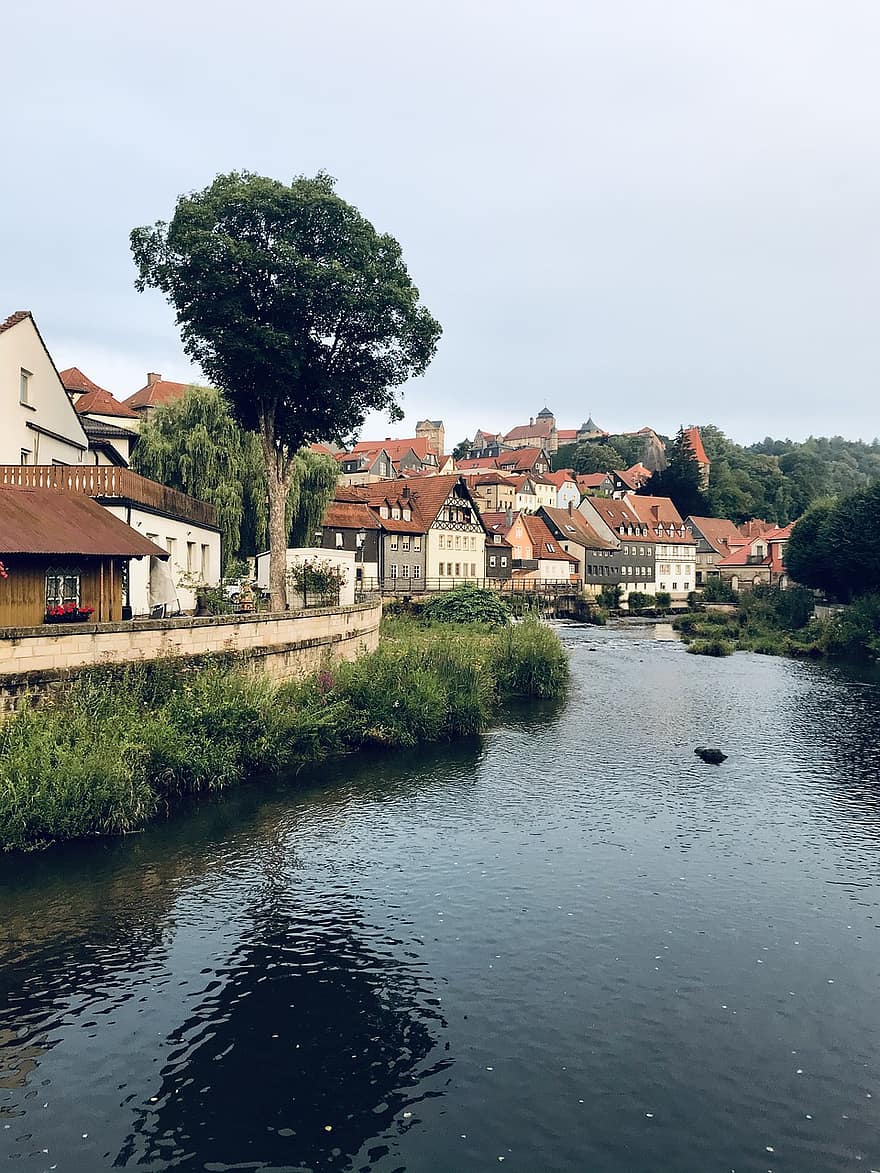 река, Германия, Kronach, архитектура, горната франкония, вода, известното място, лято, покрив, история, пътуване