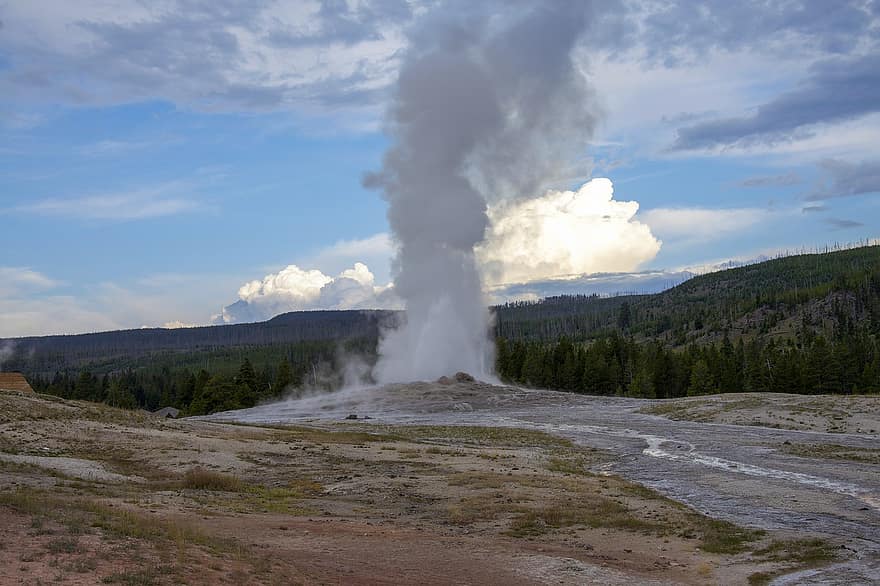 geyserit, Yellowstonen kansallispuisto, vuoret, kansallispuisto, luonto, ulkona, maisema, geysir, pilvi, taivas, höyry