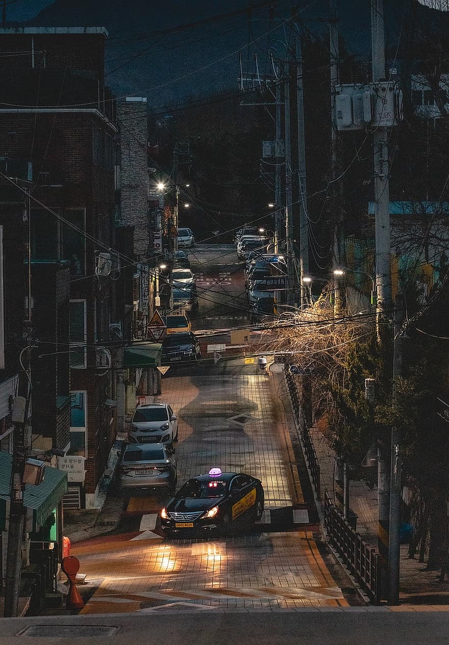 Street, City, Daegu, Korea, Road, Buildings, Night, Backstreet, Cars, Streetlights, Alley