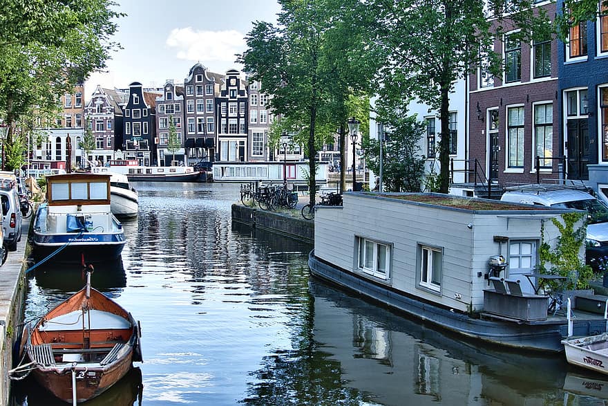 am Amsterdam, con kênh, thuyền, nhà thuyền, quay, thành phố, kênh, đường thủy, các tòa nhà, thành thị, tàu hải lý