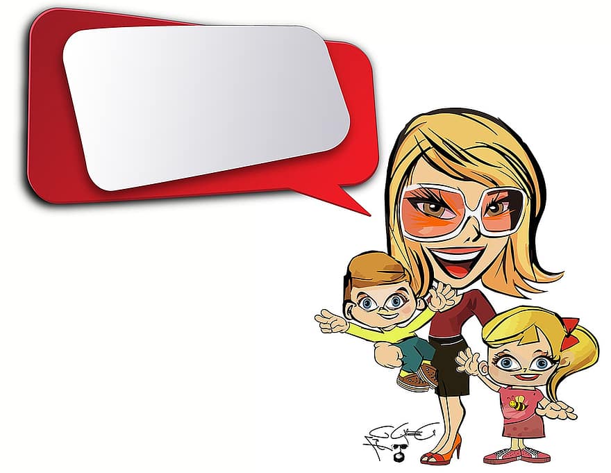 Cartoon, Children Woman, Family, Mother, Girl, Daughter, Group, Personal, Child, Woman, Figure