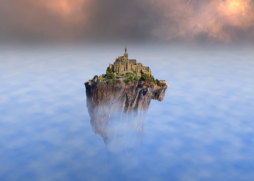 плавающий остров, Mont Saint Michel, аббатство, архитектура, остров, Нормандия