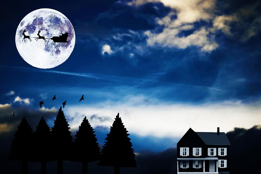 Święty Mikołaj, Boże Narodzenie, Chata, drzewa, pełnia księżyca, prezenty, noc