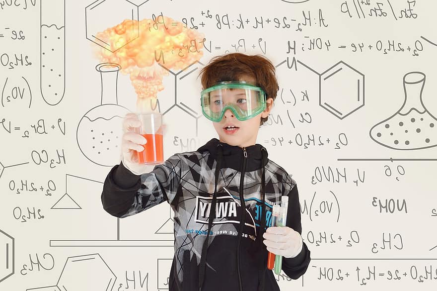 química, noi, experimentar, ciència, aprenentatge, productes químics, nen petit, provetes, estudiant, fórmules, escola