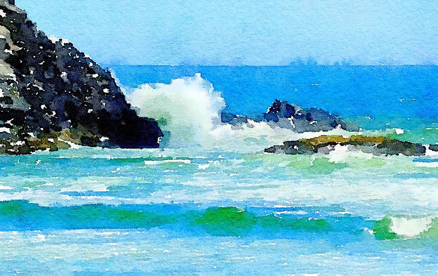 Aguarela no papel, Califórnia, costa, oceano, pintura, arte, desenhando, cor de água, Papel azul, pintura azul, tinta azul