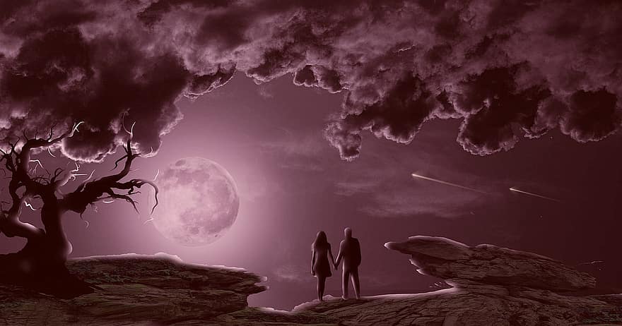 cặp đôi, mặt trăng, tưởng tượng, sao băng, đêm, Đàn ông, đàn bà, khoa học viễn tưởng, hình bóng, ánh trăng, đá