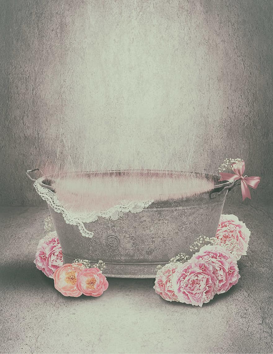 Baby Photography, Template, Digital Background, Digital Design, Bath Tub, Roses