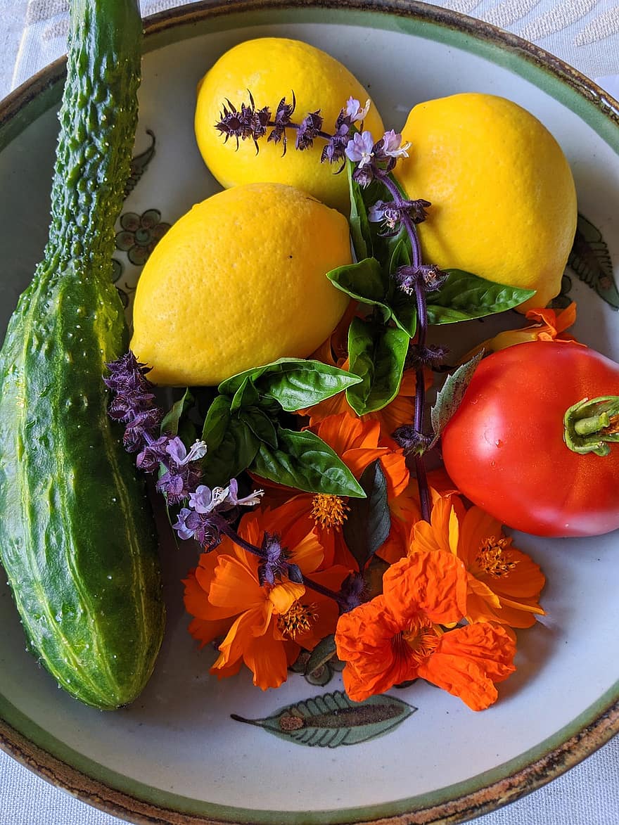 gyümölcs, zöldségek, uborka, citrom, paradicsom, gyógynövények, tál, saláta