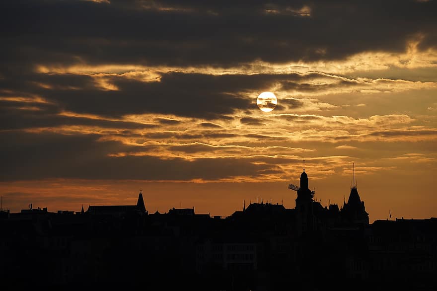Luxembourg, le coucher du soleil, ciel, ville, nuit, Voyage, crépuscule, silhouette, architecture, rétro-éclairé, Soleil