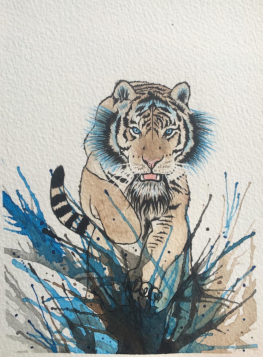 Tigre, acuarela, Art º, animal, pintura, retrato