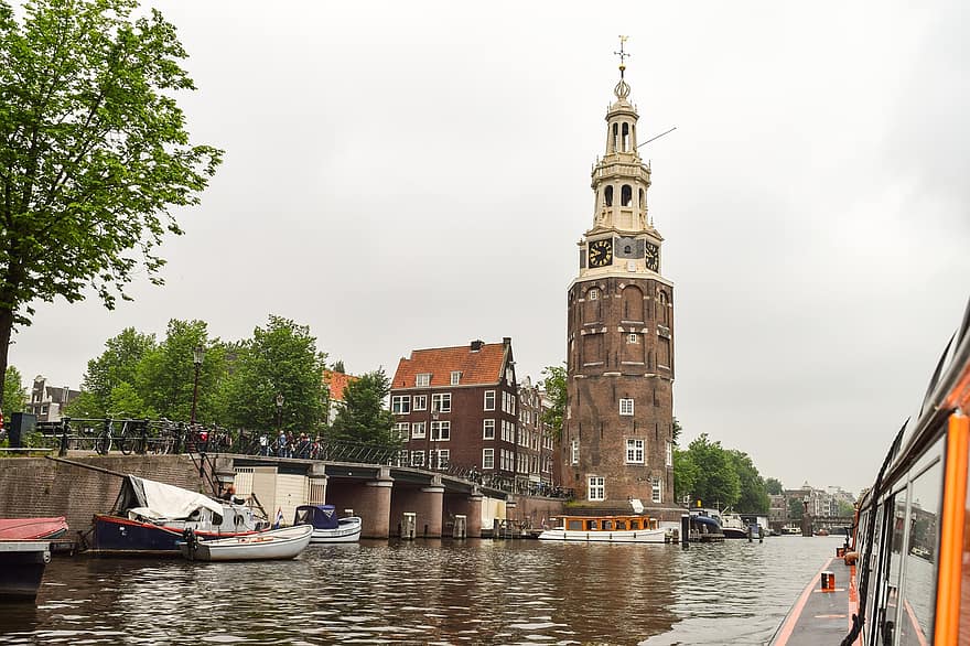 вежа, церква, будівлі, каналу, човен, Амстердам, води, Голландія, водний шлях, Європа, Нідерланди