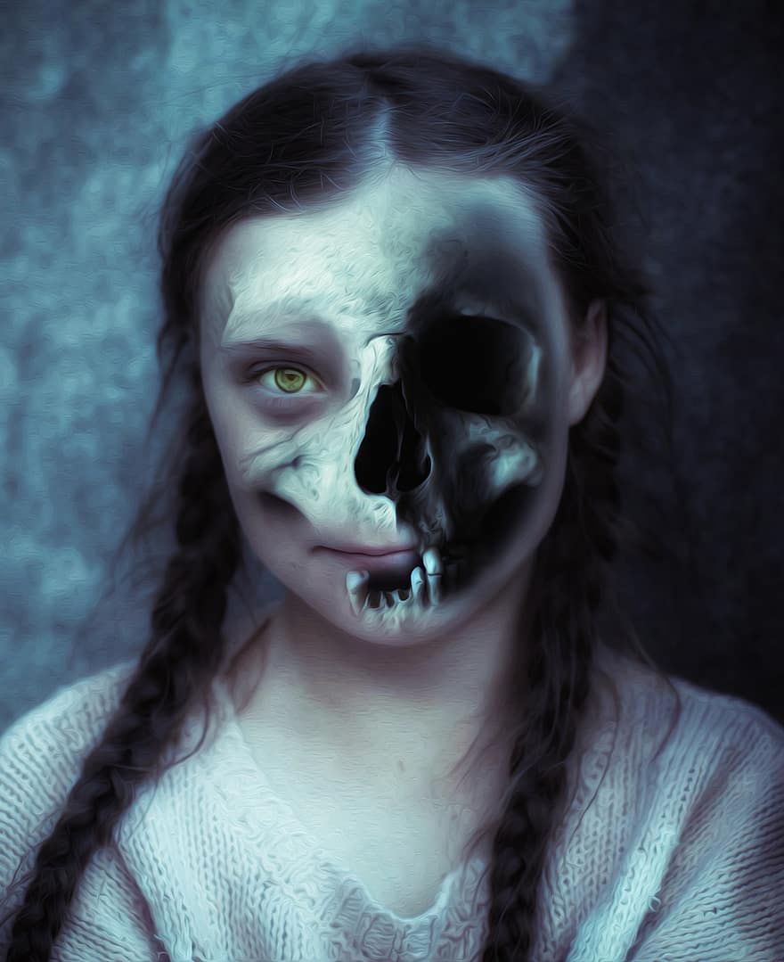 skalle, ben, huvud, skelett, Skräck, mask, halloween, flicka