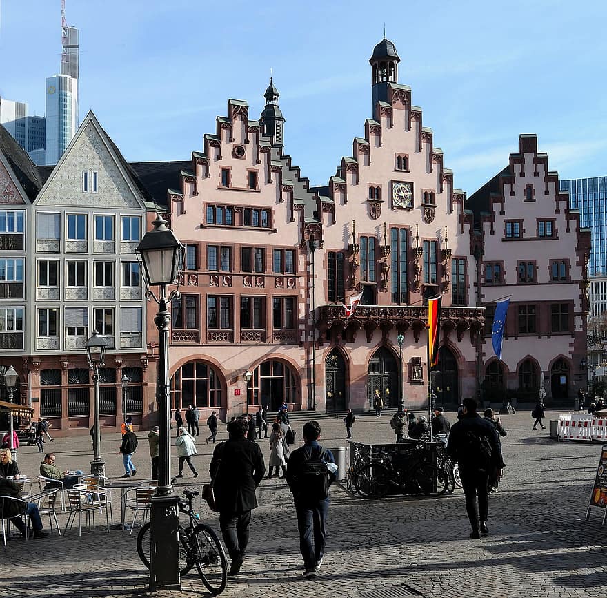 pastatai, plaza, tautoms, rotušė, istorinis centras, miestas, architektūra, frankfurtas, römerberg, lankytinos vietos, istorija