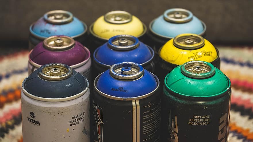 pintura, pintura d'esprai, llaunes, graffiti, colors, tints, primer pla, multicolor, vell, reciclatge, ampolla