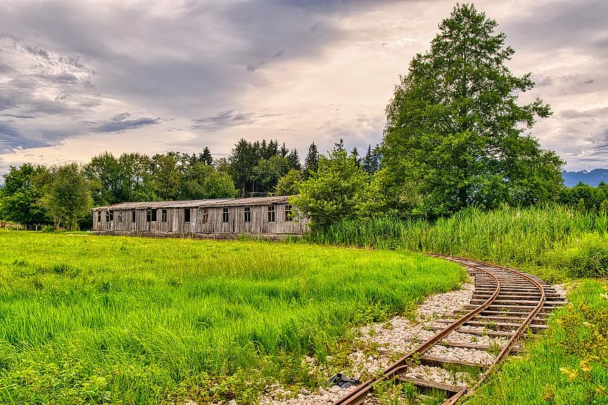 Railway Rails, Wooden Shed, Log Cabin, Scale, Old, Historically, Nature, Meadow