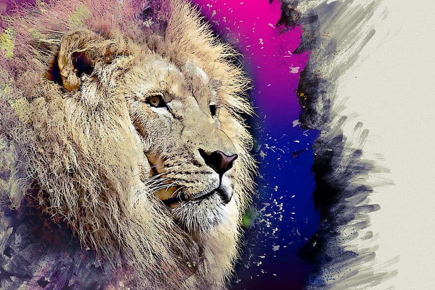løve, digital maleri, akvarel, tegning, dyr, kunstværk