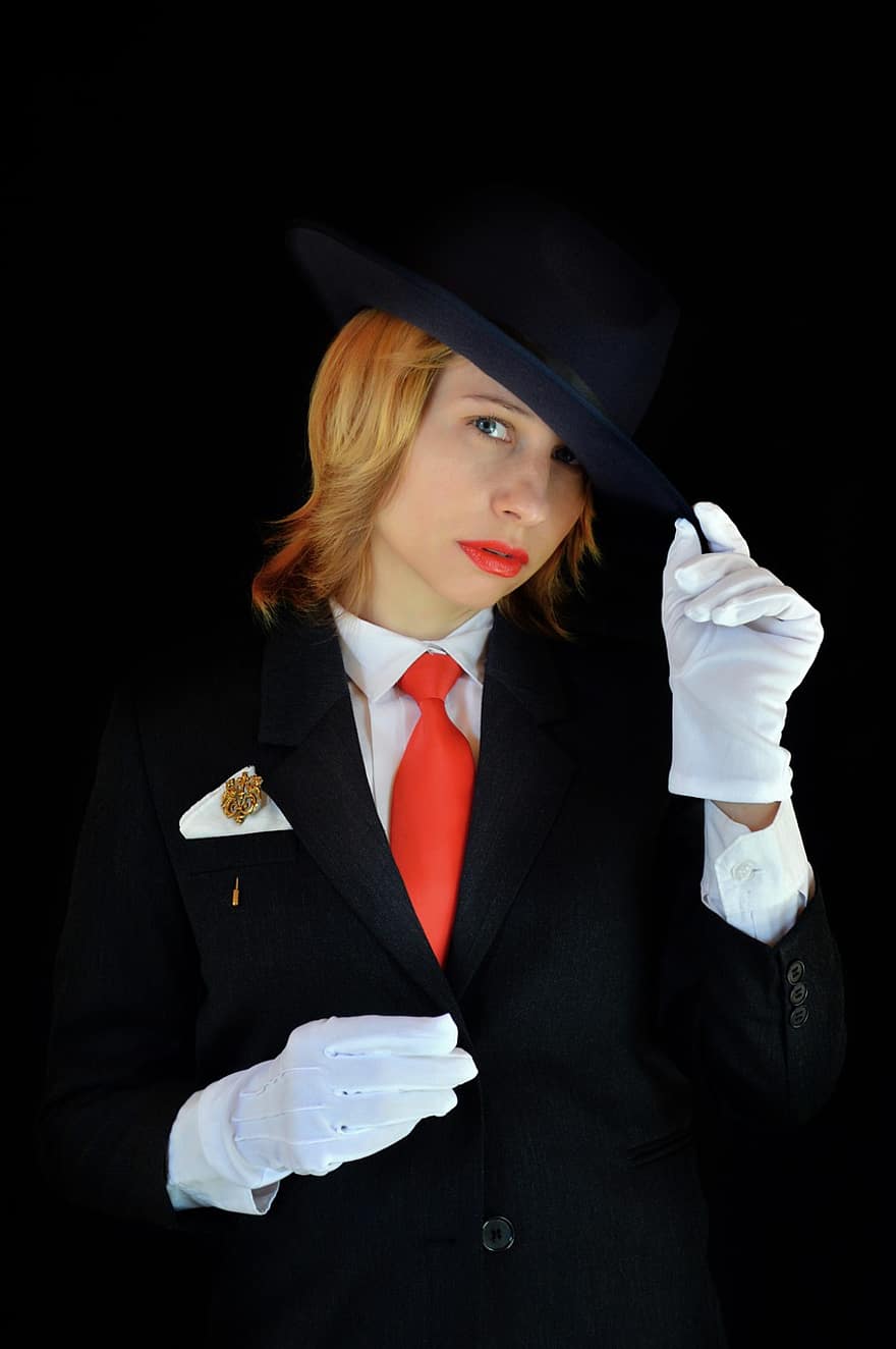 kvinna, kostym, hatt, smoking, företag, stil, elegant, formell, slips, Frack