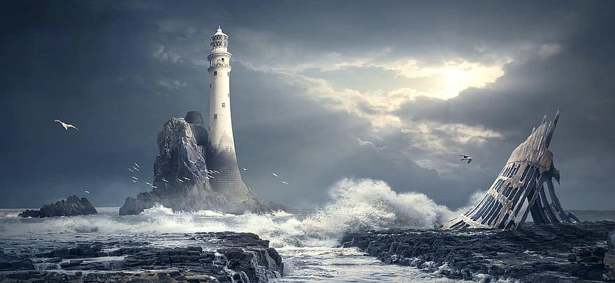 Landscape, Lighthouse, Sea, Ocean, Rock, Magic, Mystical, Spray, Clouds, Heaven, Light