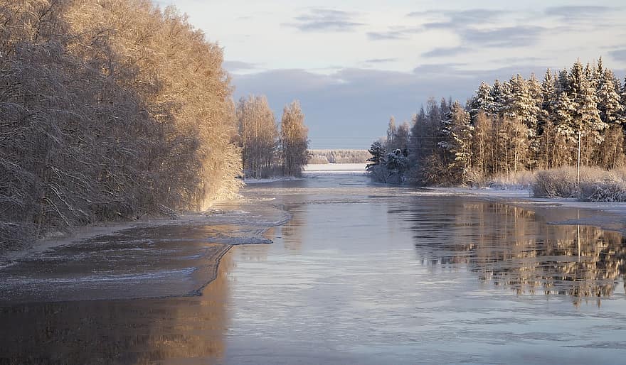 Fluss, Winter, Natur, gefroren, Eis, Schnee, Wasser, Reflexion, Bäume, Wald, szenisch