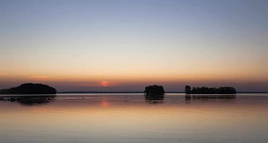 湖、日没、イブニング、風景、島、水、フィンランド、夕暮れ、日の出、夜明け、日光