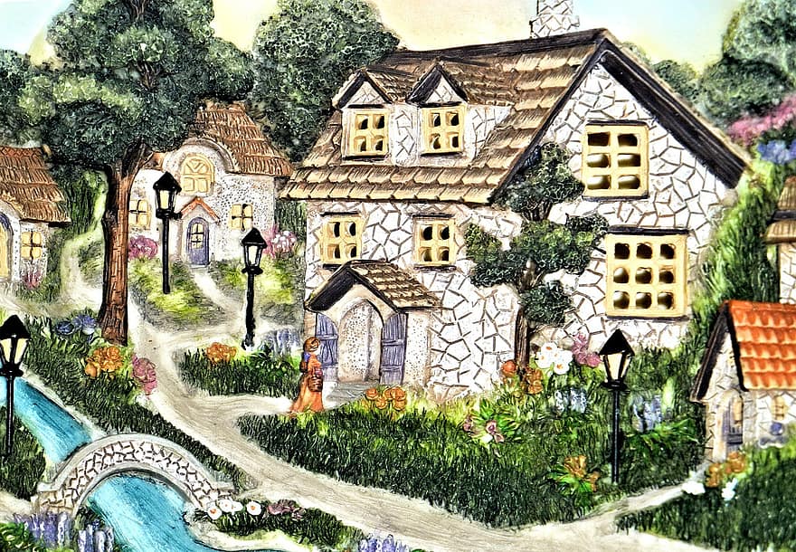 Đất sét vẽ tay, làng cũ, ngôi nhà tranh, cảnh sông, thuộc về nghệ thuật