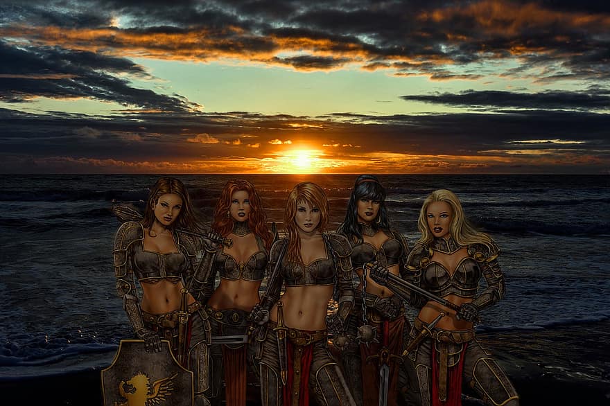 guerrers, dones, oceà, posta de sol, fantasia, adult, estiu, homes, vespre, aigua, adult jove