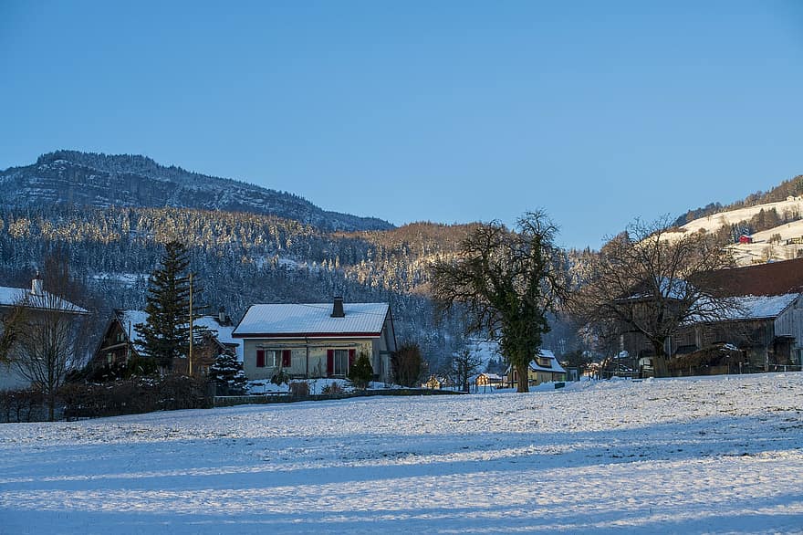 къщи, кабини, село, сняг, зима, вечер, Швейцария, планина, пейзаж, дърво, селска сцена