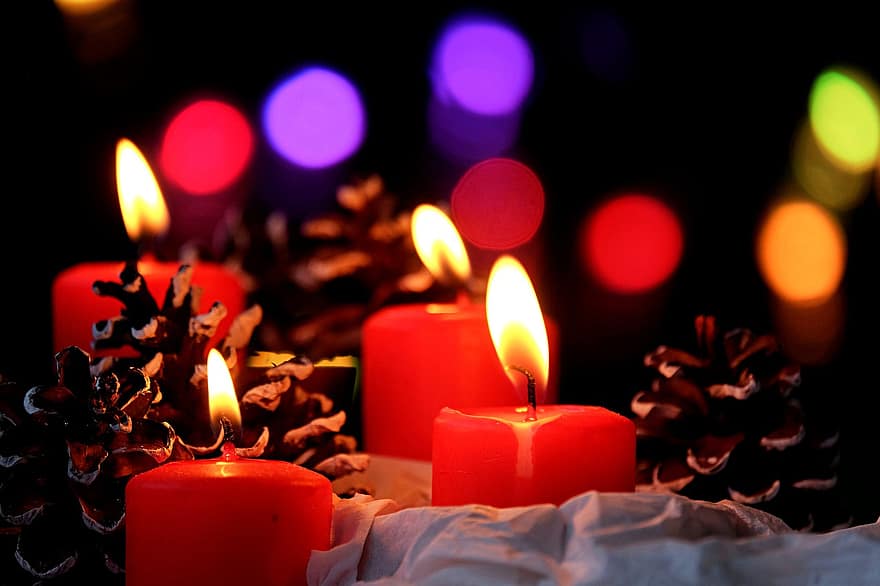 kaarslicht, kaarsen, vlam, decoratie, kerst seizoen