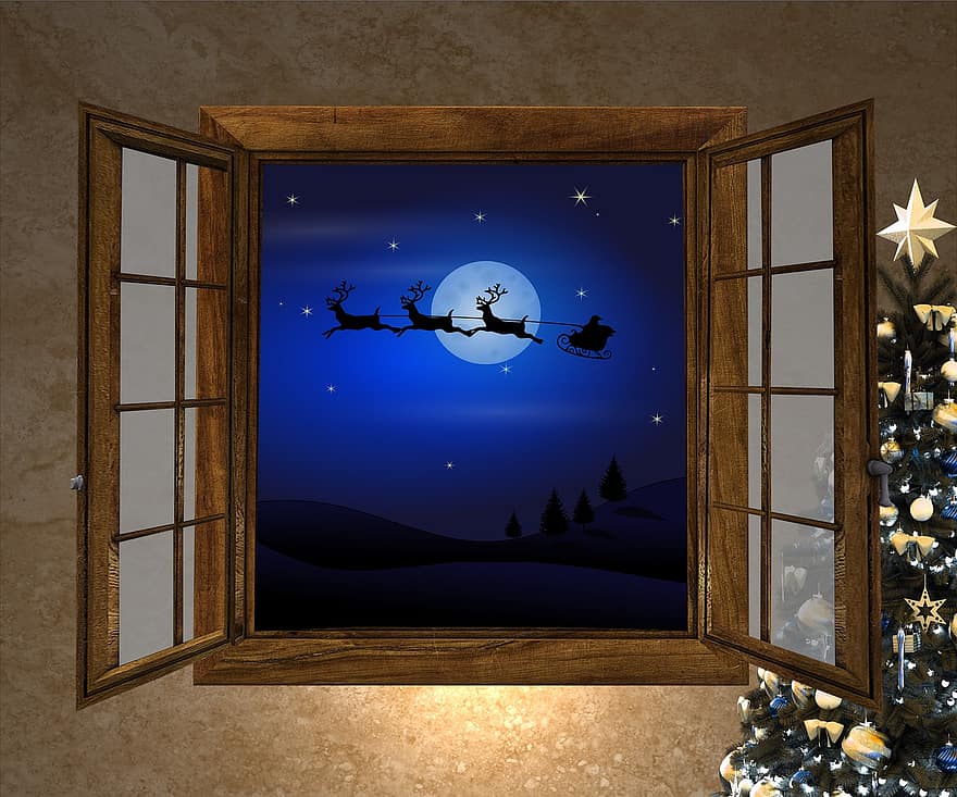 Kalėdos, Kalėdų Senelis, langas, medis, naktis, dovanos, atostogos, gruodžio mėn, mėnulis, šviesa, Santa